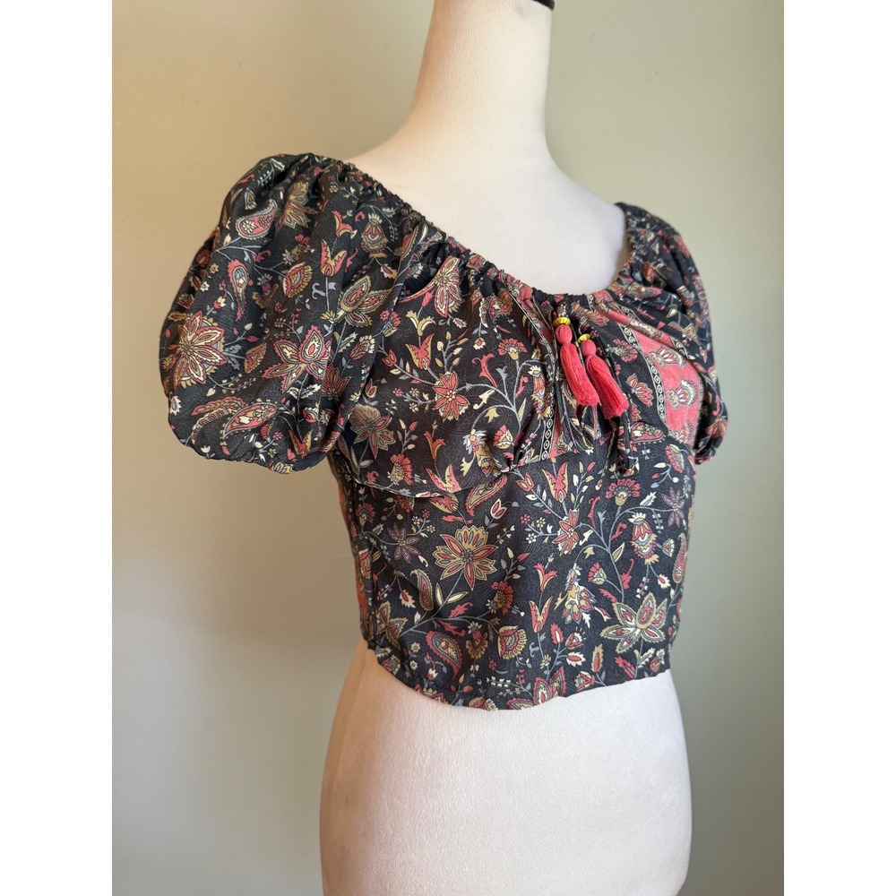 Earthbound Trading Paisley Floral Smocked Crop Top Tassels Small NWT boho whims